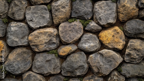 A rustic old cobblestone wall showcasing rounded stones and moss in various shades of grey, reflecting centuries of history and charm