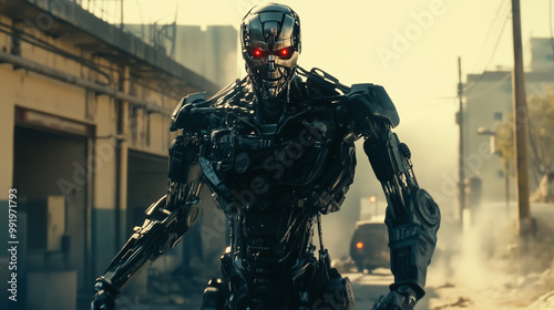 A robot with red eyes stands in a desolate urban setting.