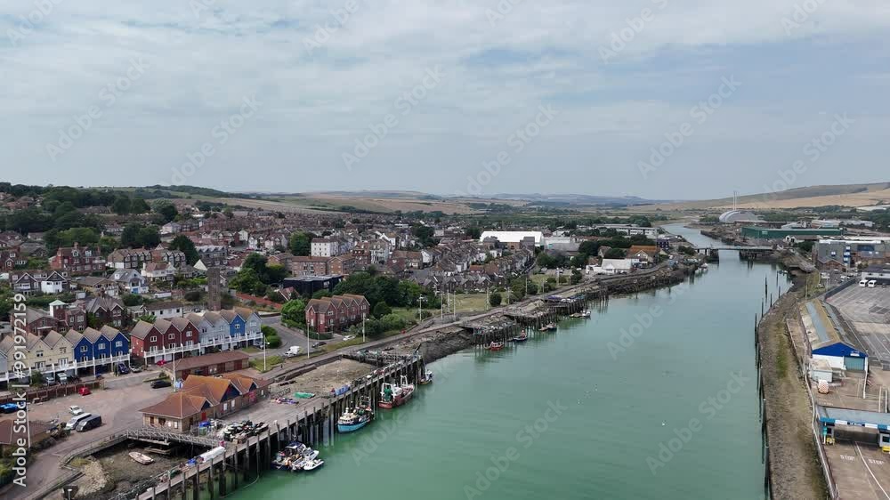 Harbour Newhaven East Sussex UK pull back drone aerial reverse reveal Harbour Newhaven East Sussex UK pull back drone aerial reverse reveal
