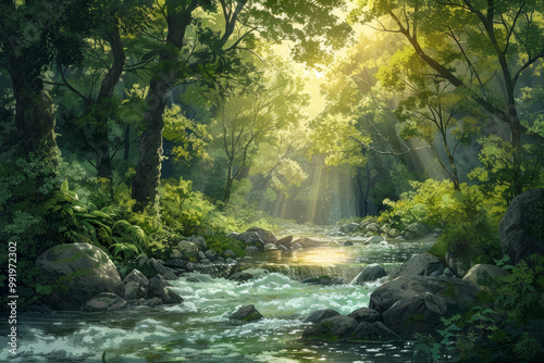 A painting of a forest with a river running through it