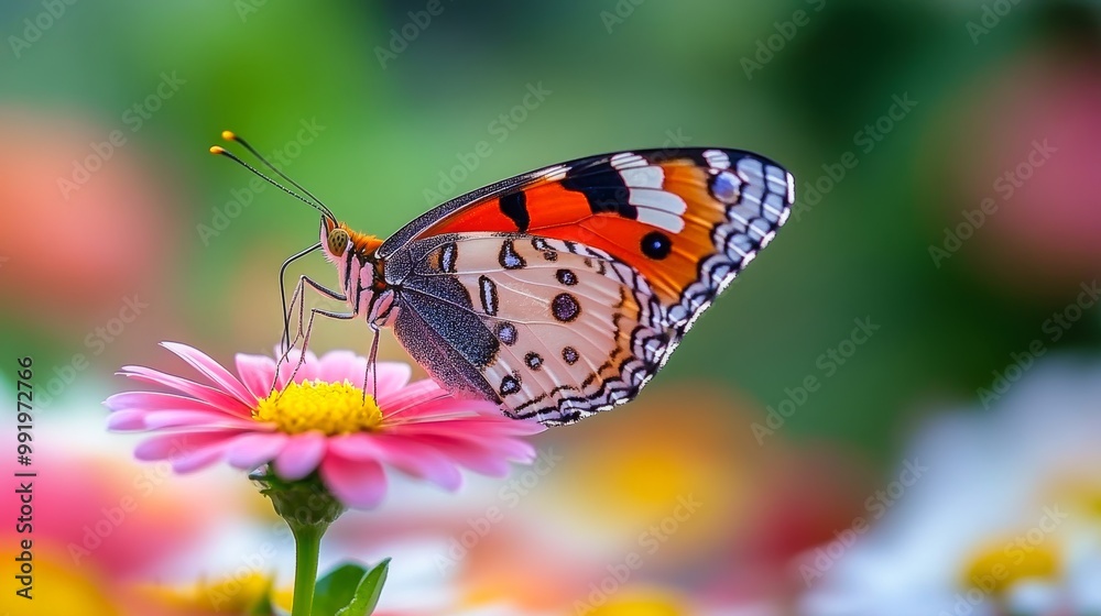 Obraz premium A vibrant butterfly with intricate wing patterns perched on a pink flower in a lush, colorful garden.