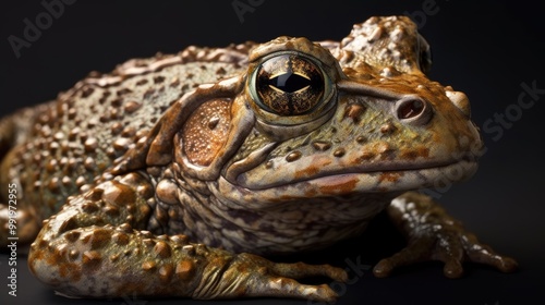 Close-up of a Brown and Gray Toad with Warty Skin and a Prominent Eye photo