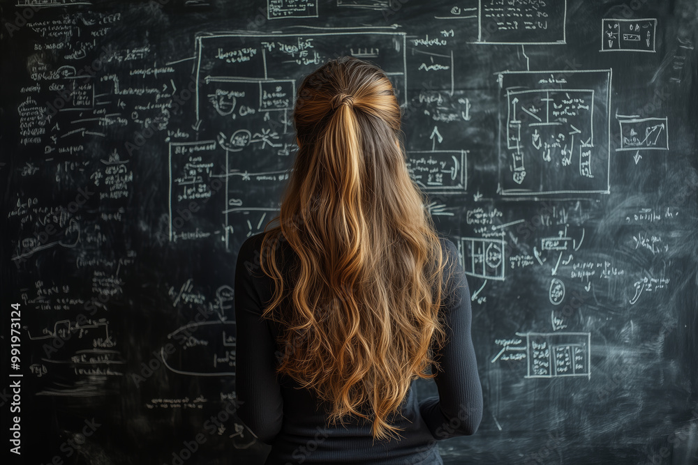 A thoughtful brunette lady creates intricate drawings on a chalkboard filled with equations in a cozy, well-lit study A thoughtful brunette lady creates intricate drawings on a chalkboard filled with equations in a cozy, well-lit study