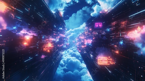 Futuristic Digital Highway Through the Clouds