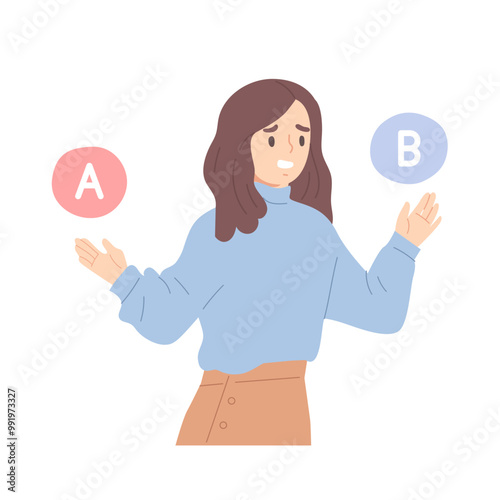 Young woman is bargaining with A and B choices. Concept of talking, Negotiation, choosing, making decision, problem solving or making choice, offering choices. Flat vector illustration character.
