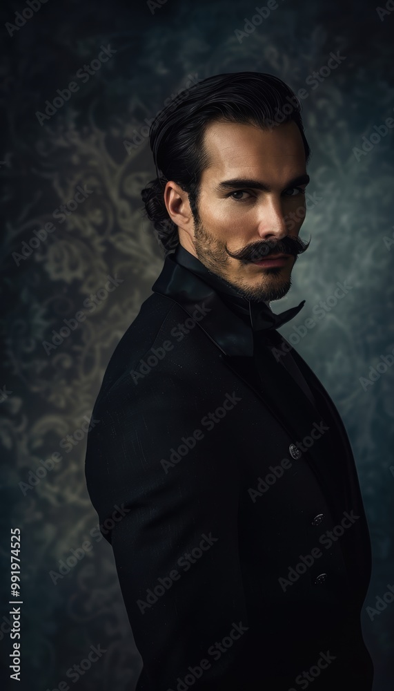 Dramatic Portrait of a Man with a Sculpted Mustache in Black Suit Against Dark Moody Backdrop Dramatic Portrait of a Man with a Sculpted Mustache in Black Suit Against Dark Moody Backdrop