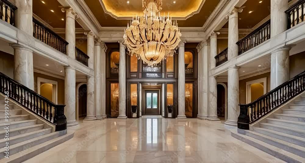 a grand luxury mansion foyer with a majestic double staircase made of marble, leading up to a magnificent chandelier that illuminates the space with a warm, golden light
