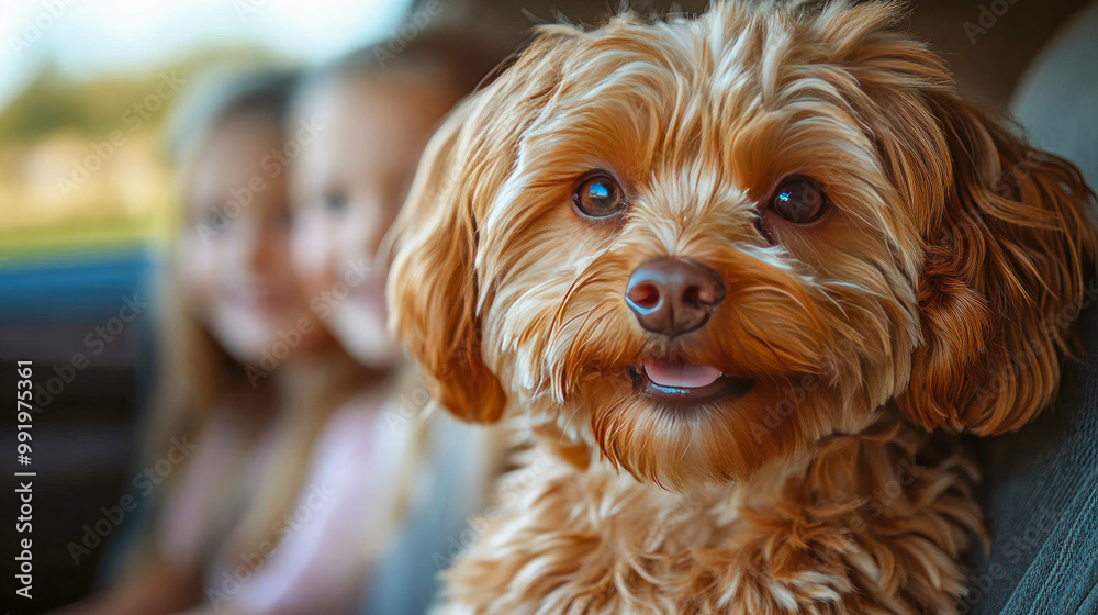 Fluffy brown dog sitting in a car with two children in the background, ready for a family road trip Fluffy brown dog sitting in a car with two children in the background, ready for a family road trip