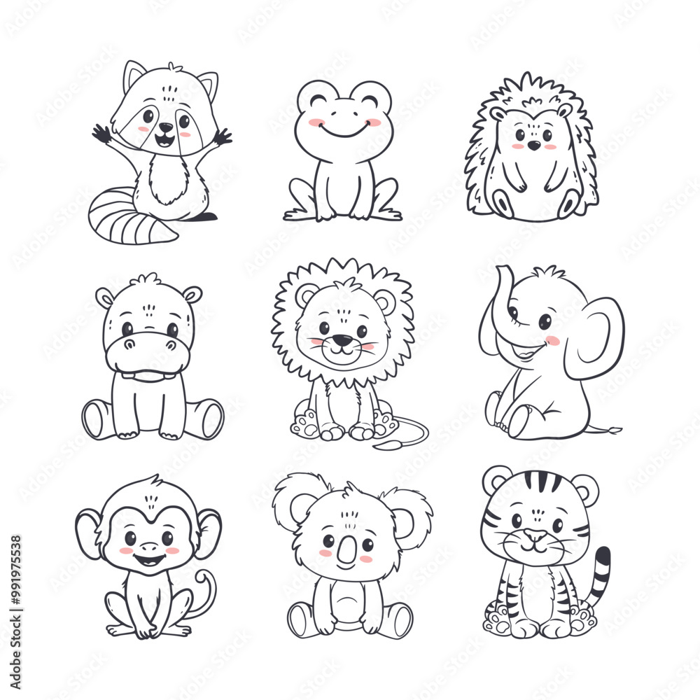Obraz premium Set of cartoon cute animals including lion, tiger, hippopotamus, monkey, hedgehog, koala, raccoon, frog and elephant. Jungle and forest animals for magazines, postcards. Vector illustration