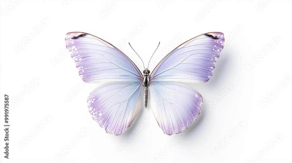 Captivating close-up of a fairy butterfly showcasing delicate lavender wings against a clean white backdrop Captivating close-up of a fairy butterfly showcasing delicate lavender wings against a clean white backdrop