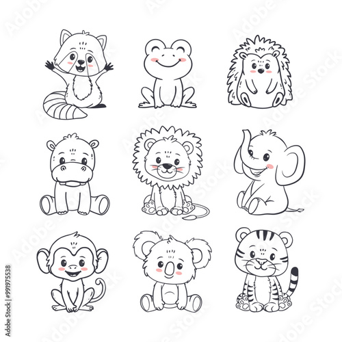  Set of cartoon cute animals including lion, tiger, hippopotamus, monkey, hedgehog, koala, raccoon, frog and elephant. Jungle and forest animals for magazines, postcards. Vector illustration