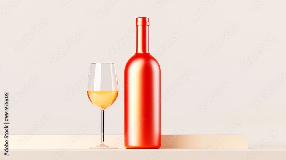 An Elegant Orange Wine Bottle Accompanied by a Glass Set Against a Minimalist Background An Elegant Orange Wine Bottle Accompanied by a Glass Set Against a Minimalist Background