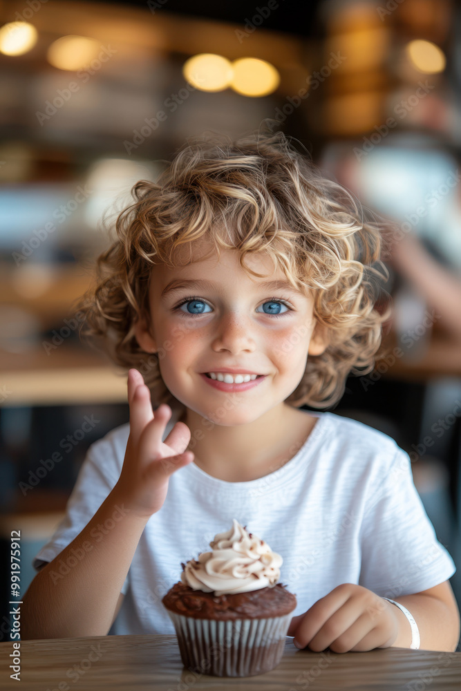 Happy Child Enjoying a Chocolate Cupcake in a Cozy Café Happy Child Enjoying a Chocolate Cupcake in a Cozy Café