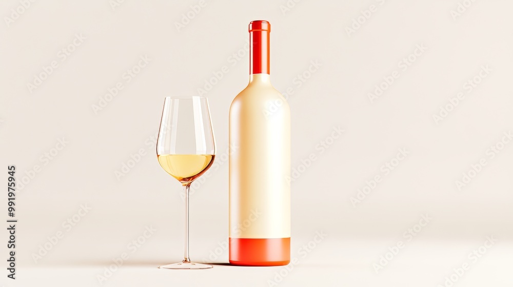 An Elegant White Wine Bottle and Glass Resting on a Stylish Minimalist Background Setting An Elegant White Wine Bottle and Glass Resting on a Stylish Minimalist Background Setting