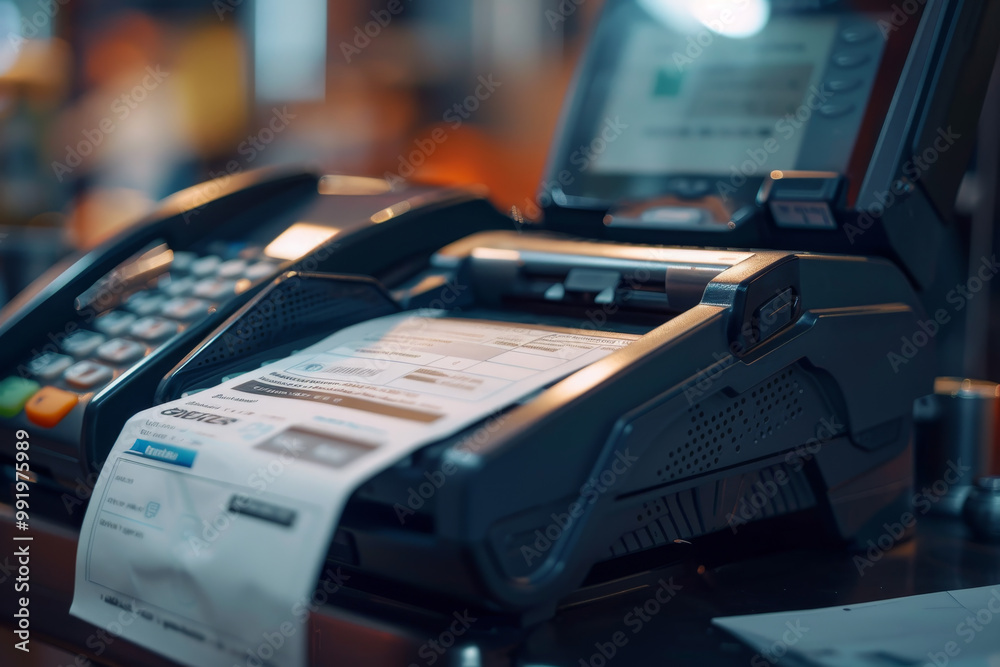 Fototapeta premium A black cash register with a receipt on it