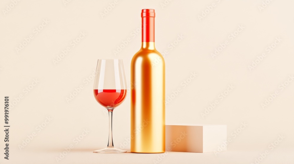 Elegant Gold Wine Bottle and Glass with Ros Wine Elegant Gold Wine Bottle and Glass with Ros Wine