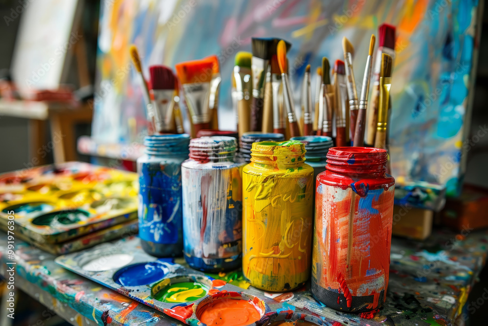 A table with a variety of paint brushes and paint jars A table with a variety of paint brushes and paint jars