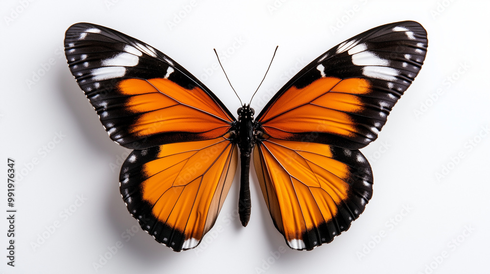 A stunning close-up of a queen butterfly showcasing vibrant orange and black wings against a pristine white background A stunning close-up of a queen butterfly showcasing vibrant orange and black wings against a pristine white background