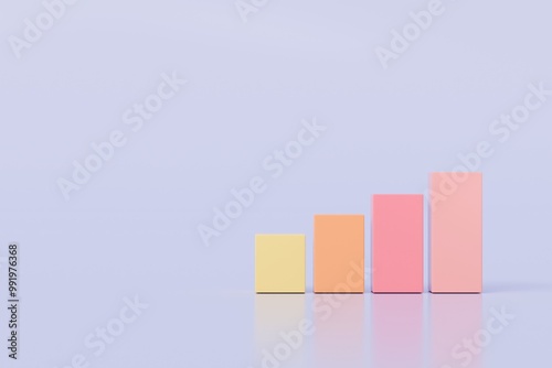 3D Bar Chart with arrow rising icon on isolated purple background. Soaring finances, strengthening currency concept. Minimal Data analysis bar pie graph growth up with an arrow rising icon. 3d render.