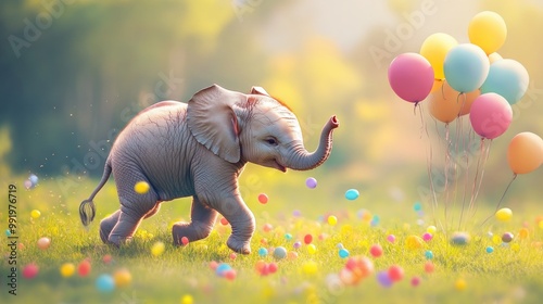 A baby elephant dashing joyfully through a meadow filled with colorful balloons, its tiny legs moving fast as it plays. photo