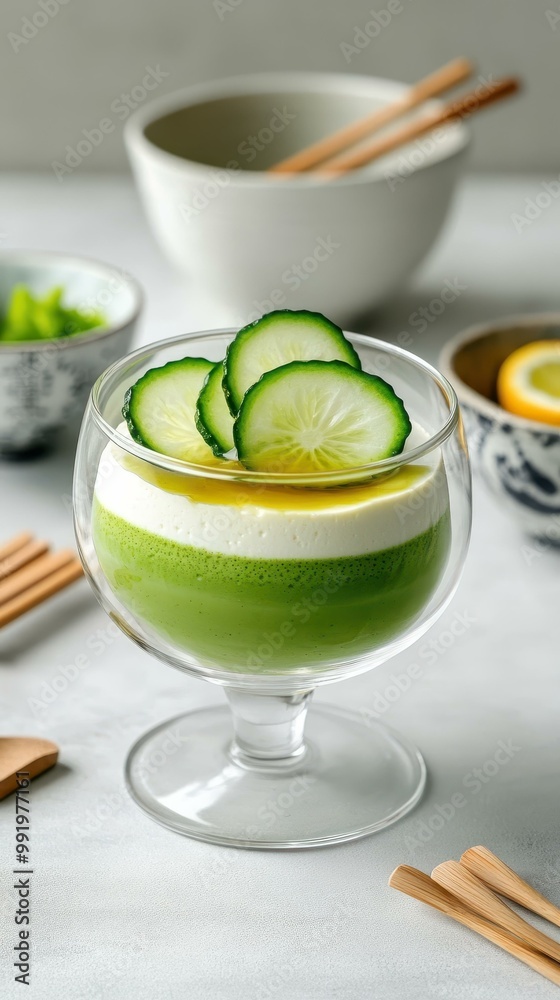 Vegan Matcha Panna Cotta with Yuzu Sauce and Citrus Garnish in Elegant Japanese Style Setting Vegan Matcha Panna Cotta with Yuzu Sauce and Citrus Garnish in Elegant Japanese Style Setting
