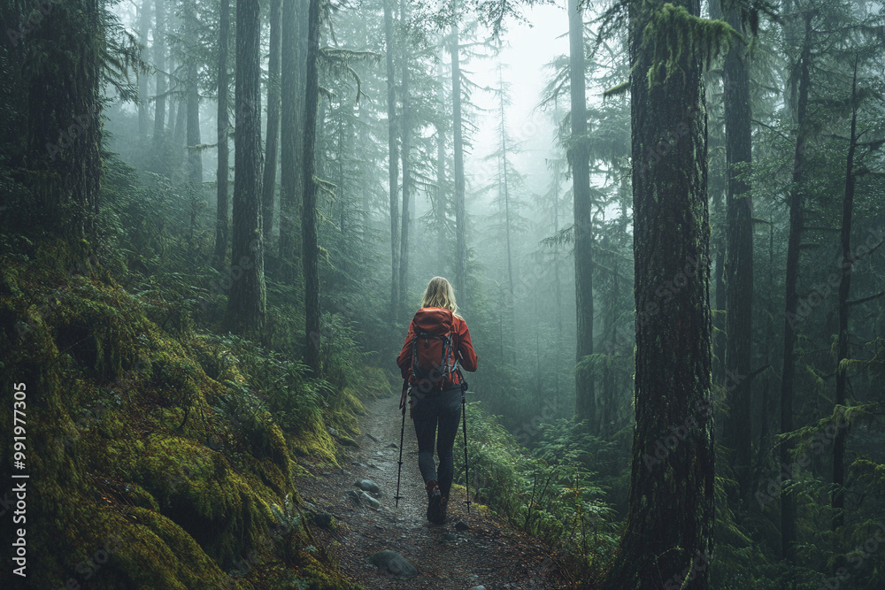 Obraz premium Frau wandert durch einen nebligen Wald