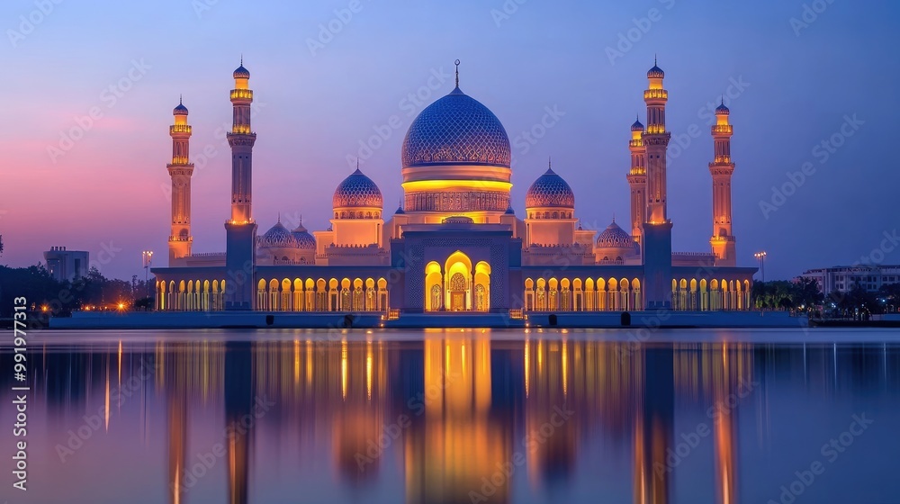 Fototapeta premium A beautiful Islamic mosque with domes and minarets lit up at dusk, symbolizing the spirit of Ramadan and Islamic culture.