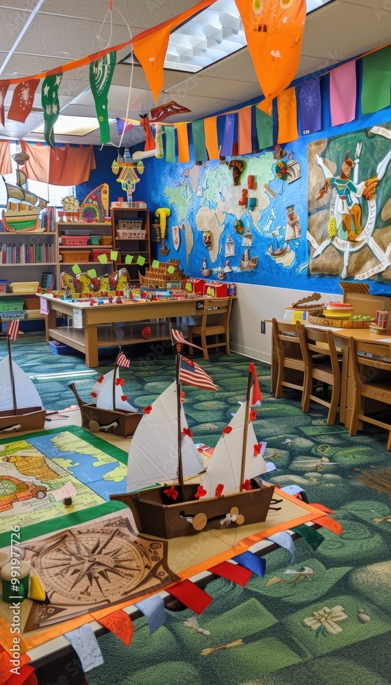 Fototapeta premium Columbus Day Classroom Decor: Children Creating Ship, Map, and Flag Crafts for Educational Display