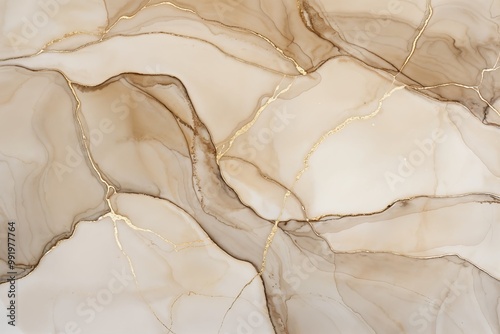 An abstract background with flowing liquid gold lines, featuring a soft painting of an earthy landscape with fluid art and shapes in beige tones using alcohol ink technique.