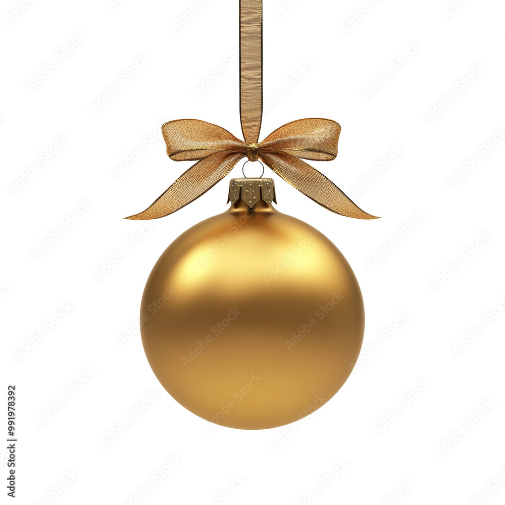 gold Christmas ball with ribbon and a bow, isolated on background. Generative AI