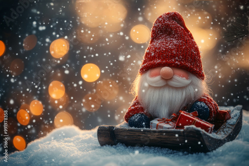 Christmas greeting card with Santa Claus toy and gift box on bokeh background. Christmas background. Santa Claus on a small wooden sleigh with gifts.