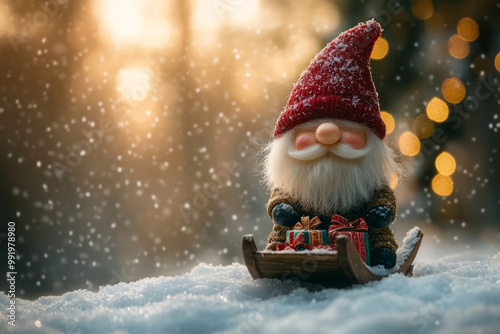 Santa Claus on a small wooden sleigh with gifts. Christmas greeting card. Christmas decoration with Santa Claus toy and gift box on bokeh background.