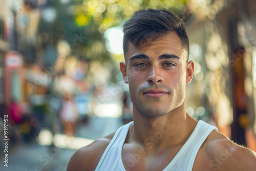 A man with a shaved head and a white tank top is standing on a street