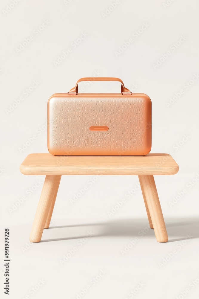 A stylish rose gold portable case on a minimalist wooden table, radiating elegance A stylish rose gold portable case on a minimalist wooden table, radiating elegance