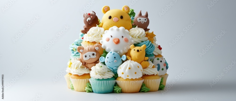 Whimsical 3D Cupcake Tower Sculpture with Animal and Character Designs for Edible Art Enthusiasts Whimsical 3D Cupcake Tower Sculpture with Animal and Character Designs for Edible Art Enthusiasts