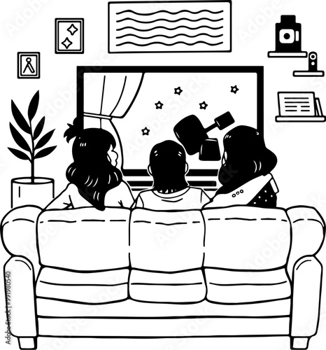 Stylish vector of family watching television