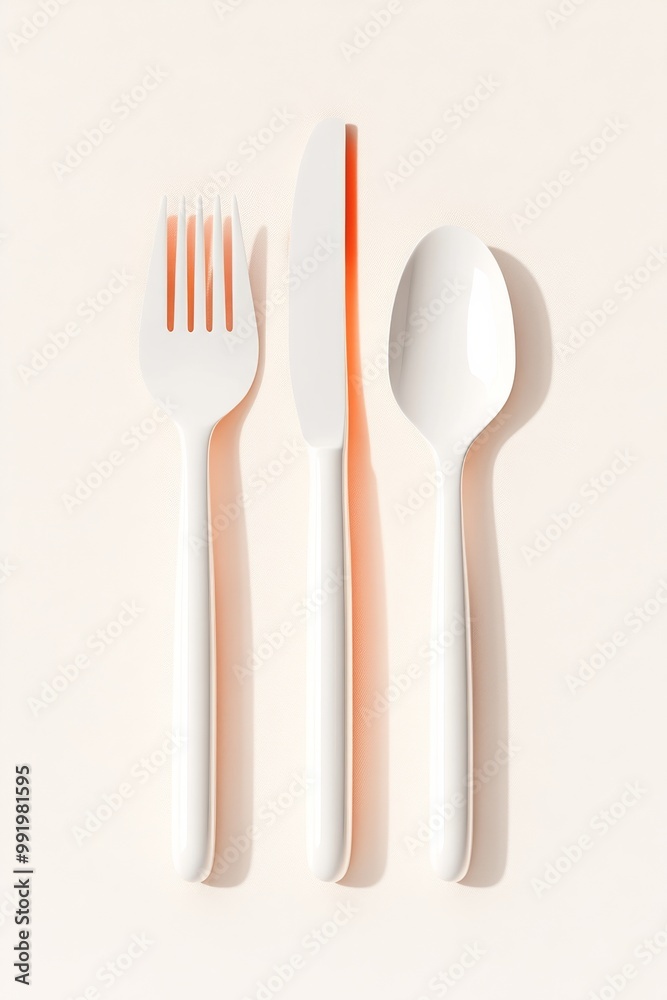 A Minimalist White Cutlery Set Artistically Displayed on a Neutral Colored Background A Minimalist White Cutlery Set Artistically Displayed on a Neutral Colored Background