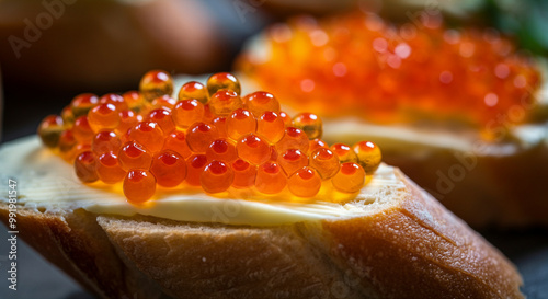 Bread with caviar topped with orange roe gourmet food elegant appetizer seafood delicacy high-end cuisine