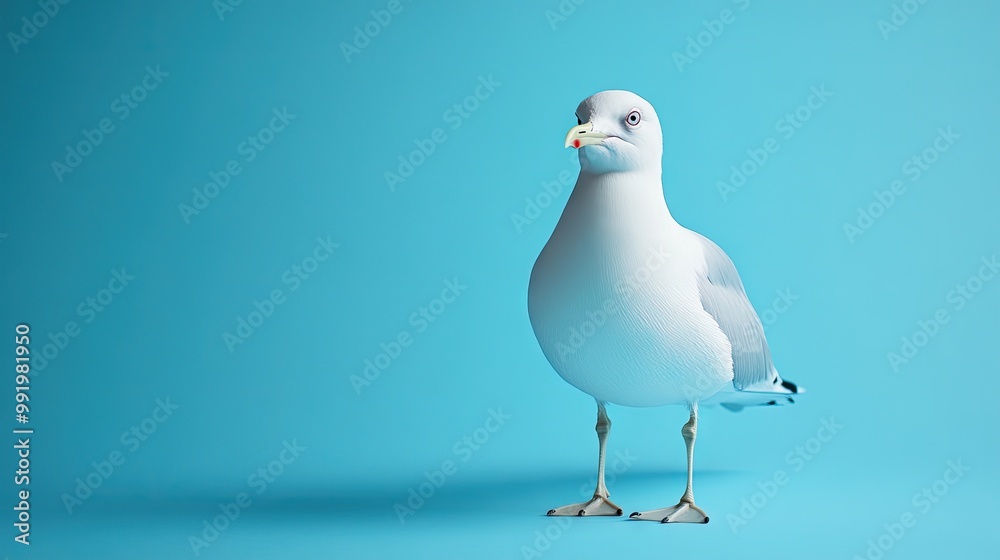 Fototapeta premium A close-up of a natural white seagull standing still, isolated on a solid blue background. The simplicity of the backdrop highlights the bird's sharp features.