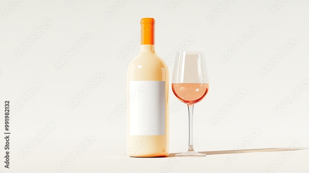 Stylish Ros Wine Bottle and Glass on Minimalist Background Stylish Ros Wine Bottle and Glass on Minimalist Background