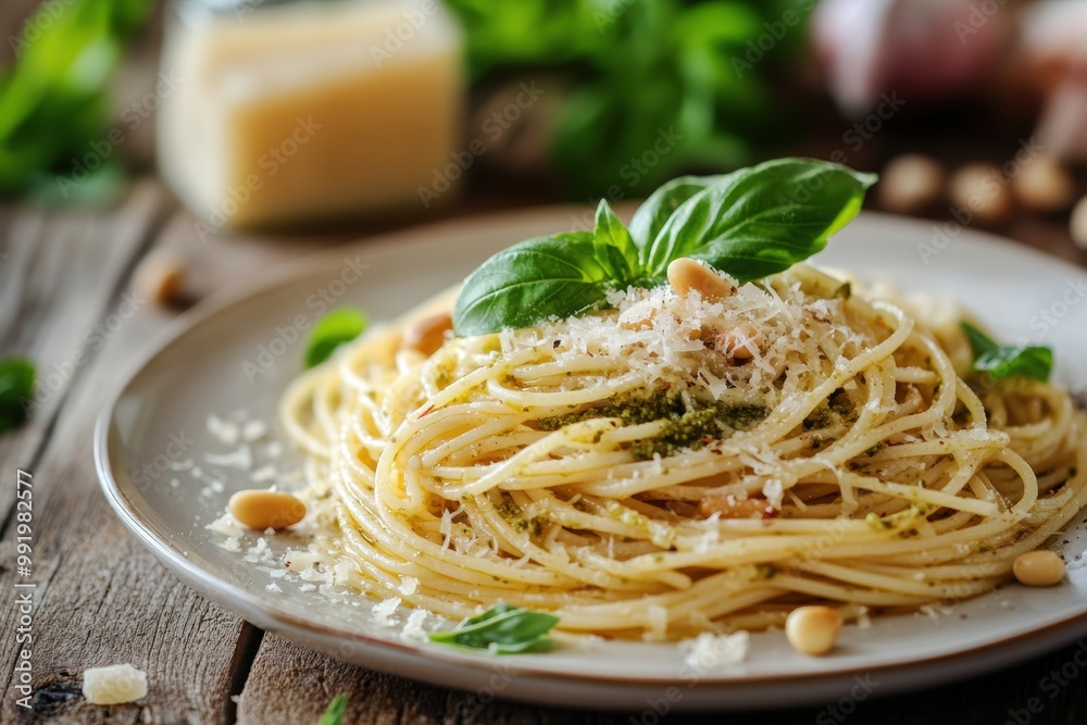 italian cuisine, top-down shot of spaghetti al pesto, with basil, pine nuts, and parmesan on a wooden table, perfect for food blogs italian cuisine, top-down shot of spaghetti al pesto, with basil, pine nuts, and parmesan on a wooden table, perfect for food blogs