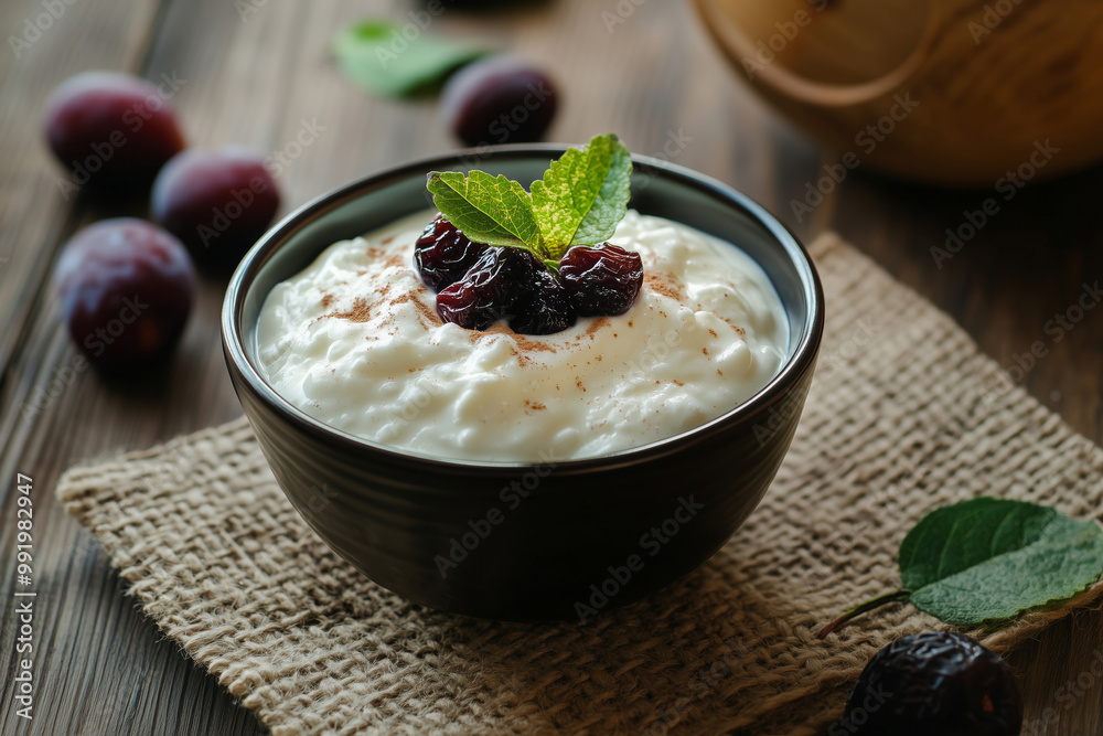 A delightful bowl of creamy yogurt topped with nuts and dried fruits, beautifully arranged on a rustic table A delightful bowl of creamy yogurt topped with nuts and dried fruits, beautifully arranged on a rustic table