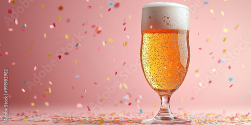 Banner Template with Sparkling Beer Glass on Pink Glitter Background. Perfect for Oktoberfest Celebration and Beer Festival Party Promotions. Space for text.