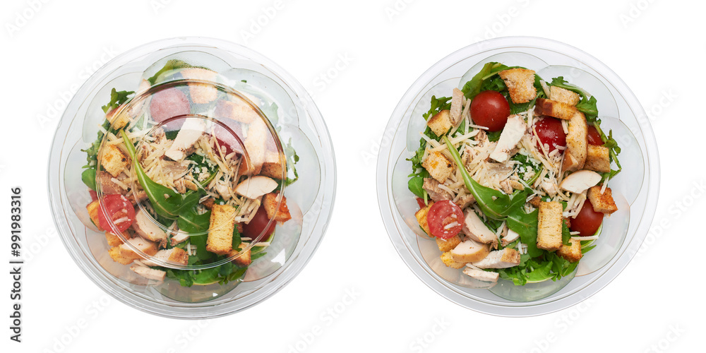 Salad in disposable bowl isolated on a white background