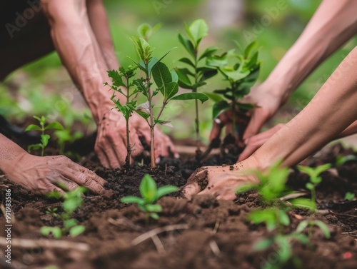 Close-up of multiple hands planting young tree seedlings in soil, symbolizing teamwork, growth, and environmental conservation