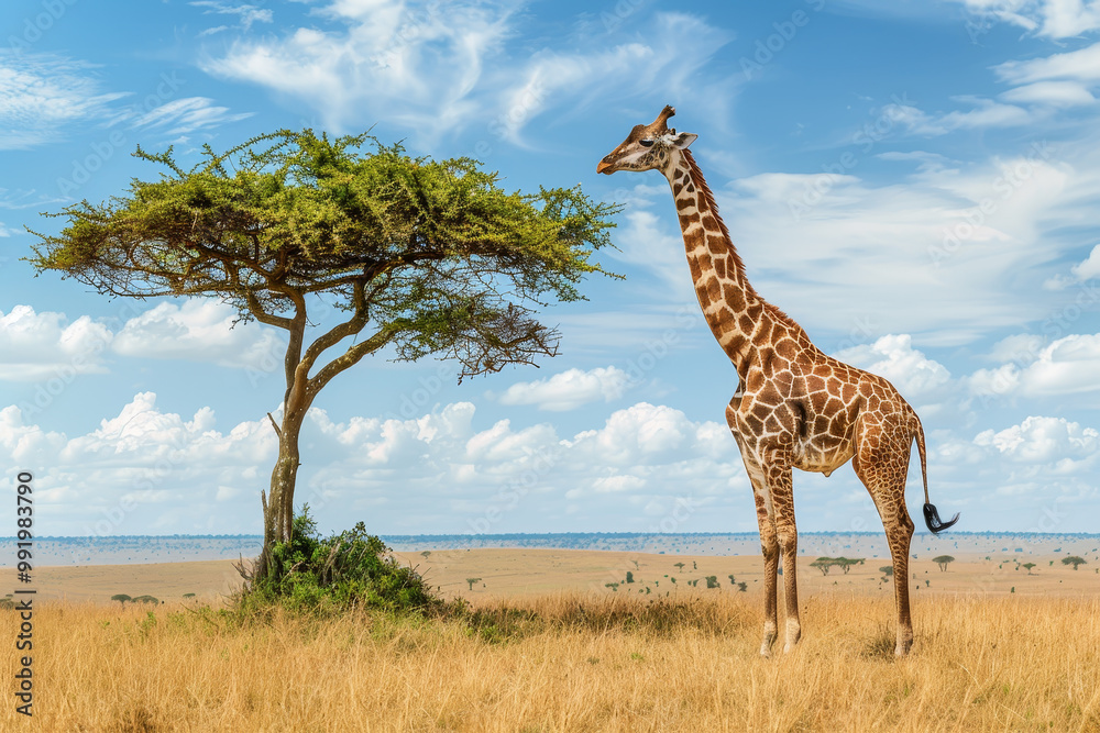 Obraz premium A giraffe stands in front of a tree in a grassy plain