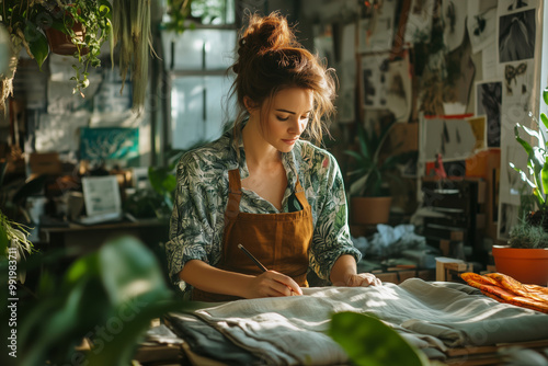 A designer thoughtfully arranging fabric in a sunlit studio surrounded by lush greenery and natural light during a morning workspace