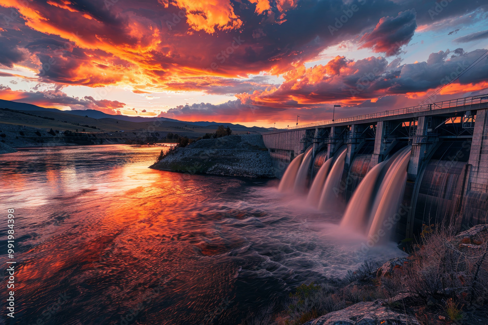Fototapeta premium A beautiful sunset over a river with a large dam and water flowing from it