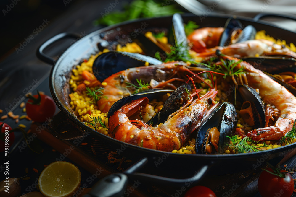 A plate of seafood with shrimp and mussels is served in a black pan A plate of seafood with shrimp and mussels is served in a black pan