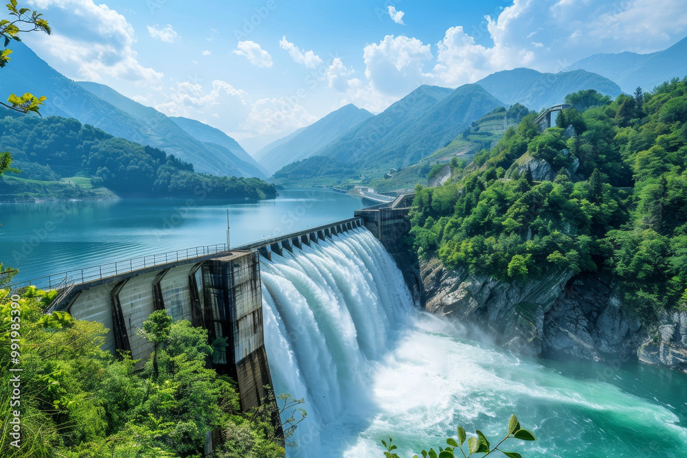 A large waterfall is flowing into a lake, surrounded by mountains A large waterfall is flowing into a lake, surrounded by mountains